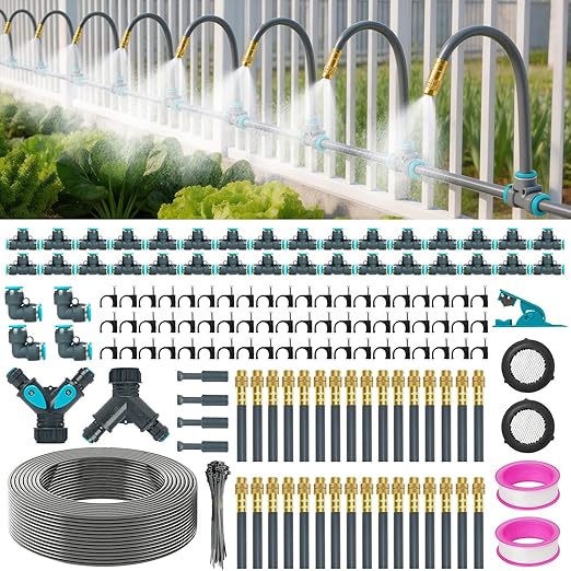 360°Adjustable Drip Irrigation System 200FT,5/16" Extra Long Garden Watering Kit with 32 Copper Nozzles,141Pcs Drip Irrigation Kit，Automatic Atomizing Plant Sprinkler for Large Yard, Greenhouse, Lawn