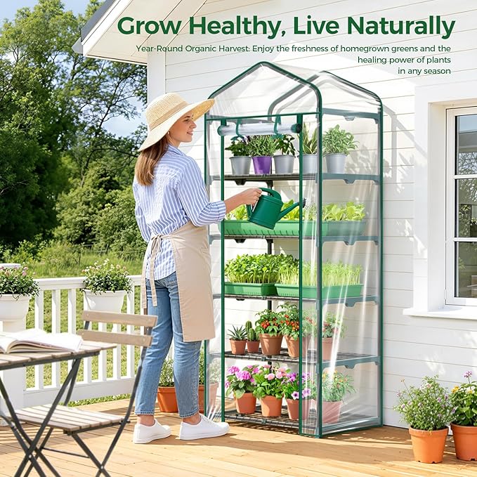 Mini Greenhouse for Outdoors Indoor: Ohuhu 23 x 19 x 75-Inch Small Plants Green House with 5 Tier Shelves, Portable Plastic Greenhouses with Heavy Duty Clear PVC Cover for Garden Patio Porch Balcony