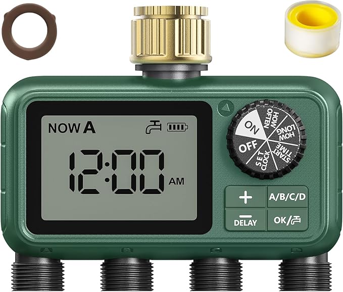4 Zones Brass Inlet Water Timer for Outdoor Garden Hose, Sprinkler Timer for Garden Faucet with Auto/Manual/Rain Delay Mode, Sprinkler Irrigation Controller for Yard Lawn