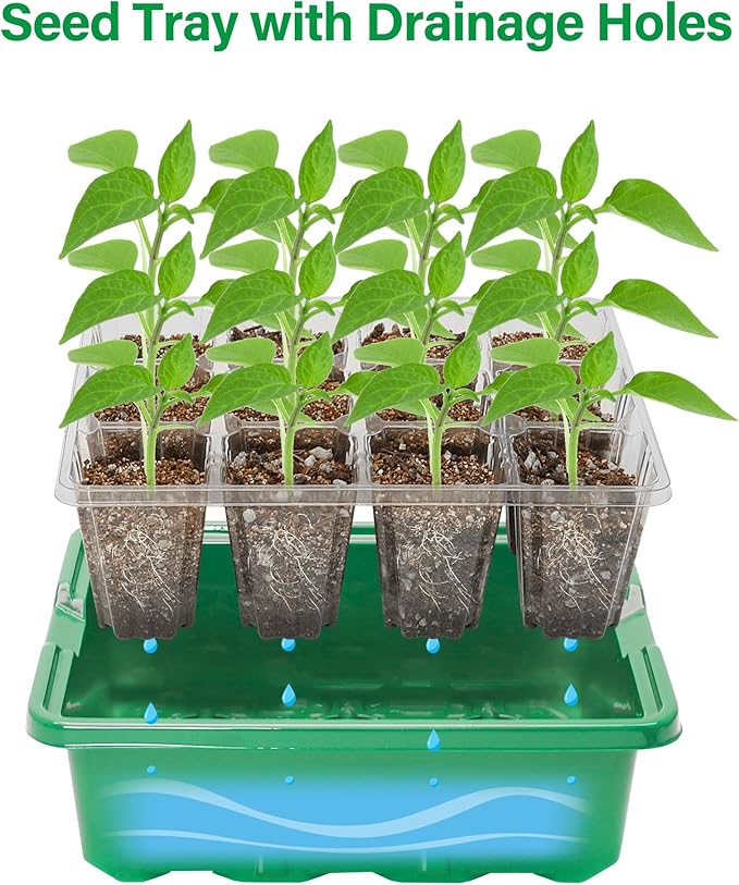Bonviee 5 Packs Seed Starter Tray with Plant Light, Elevated Seedling Starter Trays Kits with Adjustable Humidity Domes and Clear Cell Tray, 12 Full Spectrum led lamp Beads for Plants Indoor-Green