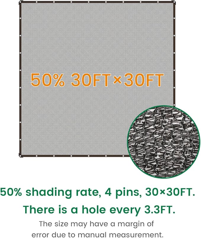 50% 30 X 30 FT Black Shade Cloth, Outdoor Woven Sun Shade with Grommets, Durable Breathable Netting Shading Antifreezing for Patio, Garden, DIY Home, Plants Cover, Greenhouse, Dog Kennel