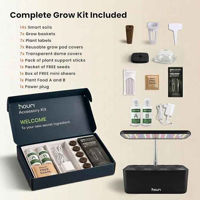 Nouri Hydroponics Growing System, 7 pod Smart Indoor Herb Garden Kit with LED Grow Lights, Hydroponic Herb Garden Indoor for Plant Lovers, Gardeners, Kitchen, Tomato Seeds Included
