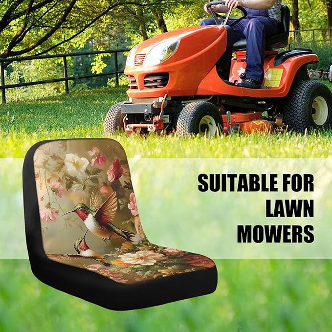 Hummingbird and Flower Riding Lawn Mower Seat Cover for Tractor Accessories, Lawnmower Parts Compatible with Kubota with Pockets, Lawn Tractor Seat Cover,Mower Seat Cushion