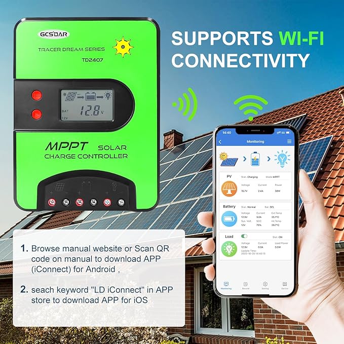 40A MPPT Solar Charge Controller, 12V/24V Automatic Maximum PV 100V Charge Controller, Built-in WiFi Adapter with LCD Display for Gel-Sealed Immersion AGM and Li-Ion Batteries (WiFi)