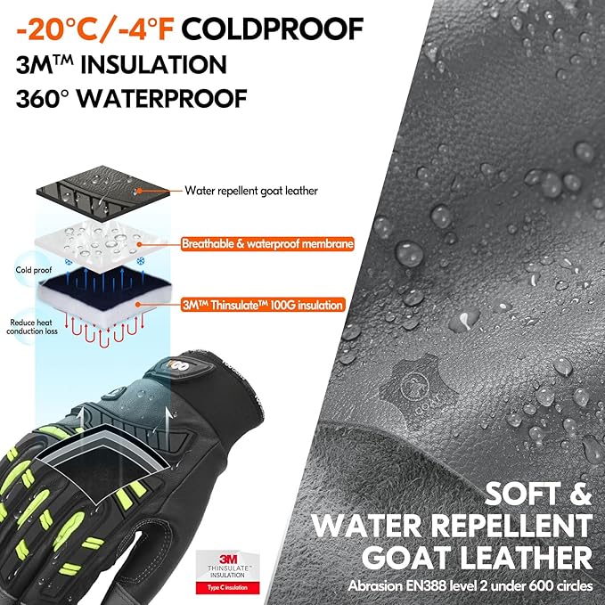 Vgo... -4℉ or above Winter Waterproof High Dexterity Heavy Duty Mechanic Glove, Anti-vibration, Anti-abrasion, Touchscreen (1 Pair,L,Green,GA8954FW)