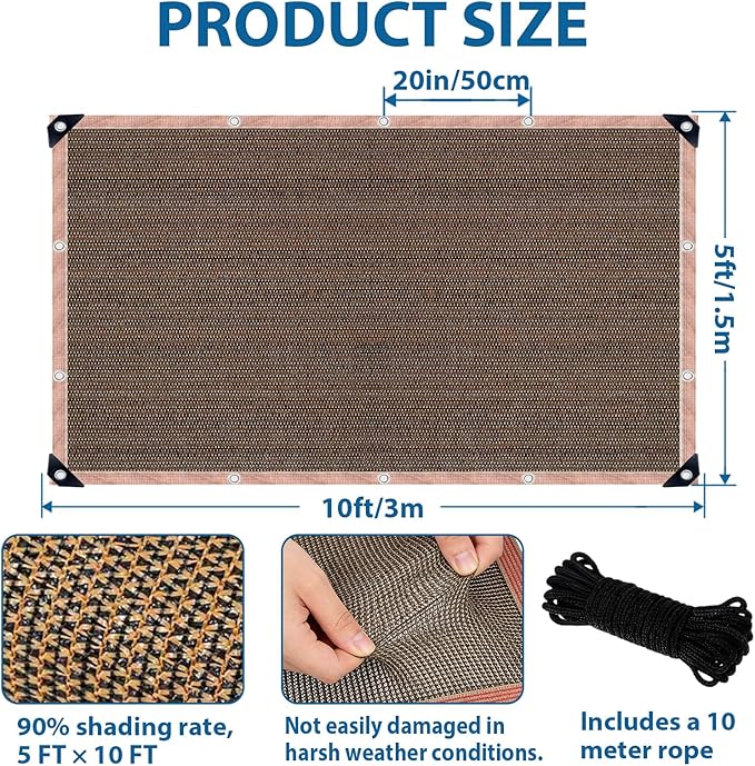 90% Sun Shade Cloth with Grommets, 5 x 10 FT Pergola Shade Cover Canopy, Mesh Tarp Sun Screens for Patio, Outdoor, Garden, Backyard, Mocha