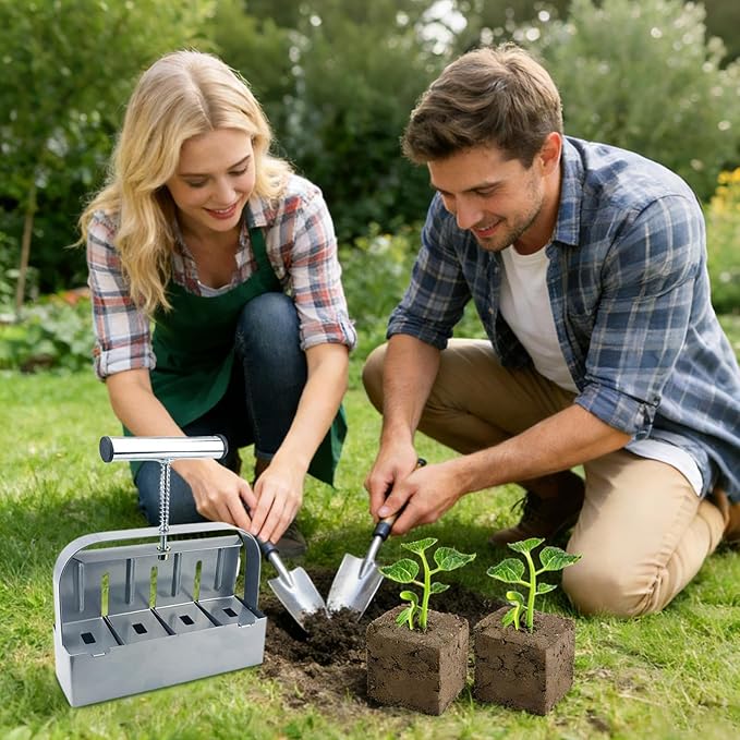 Soil Blocking Tool - Manual 4 Cell Steel Compactor, Ergonomic Non Slip Handle Block Former | 2 Inch Seed Starter Handheld Press Device, Heavy Duty Gardening Equipment for Transplanting Cutting