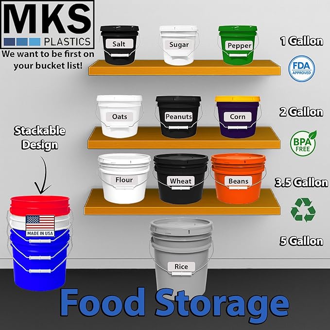 MKS Plastics 5-Gallon Bucket with Airtight Lid – Made in USA, Food Grade BPA Free Plastic, Heavy Duty Multi-Use, Metal Handle with Grip, Stackable Storage – Silver, 1 Pack