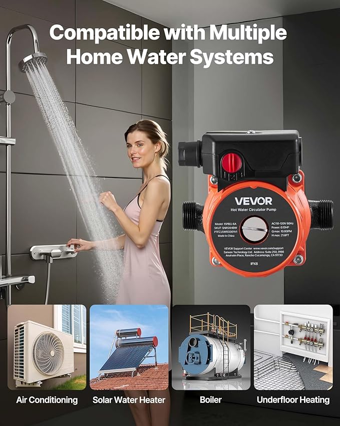 VEVOR Hot Water Recirculating Pump, 10 GPM, Instant Circulation Circulator Pump System, 3-Speed Control, 0.13 HP, 110-120V, NPT 3/4 in to NPT 1/2 in Adapter, Cast Iron Head, for Water Heater System