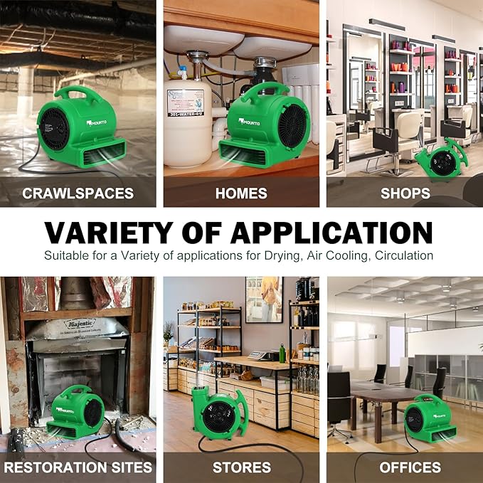 MOUNTO 1/4hp 1000CFM 2 Speed Air Mover Carpet Dryer Floor Fan Cooling Fan (Green)