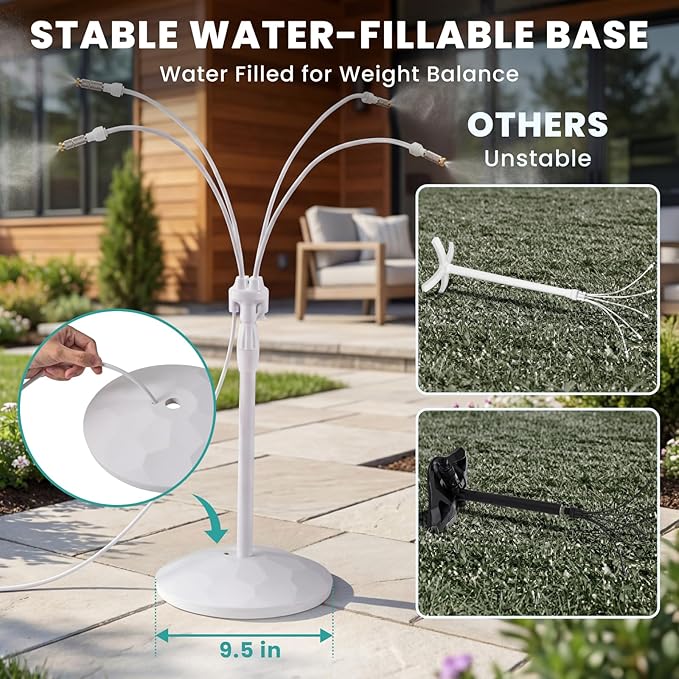 HOMENOTE Standing Misting Cooling System with Fillable Base, 26.2FT Water Line, Adjustable Height Standing Mister for Outside Patio Cooling, Pool Tanning, Garden Greenhouse Watering (White)