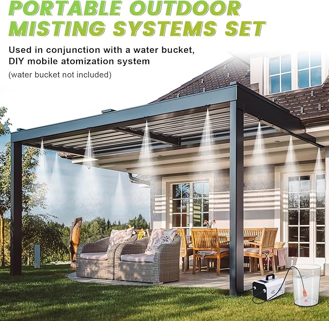 Outdoor Misting Cooling System High Pressure Misters for Outside Patio with Pump Kit, 65.6FT Misting Line with Brass Mist Nozzles Self Priming Sprayer Misters for Chicken Coop Garden Greenhouse