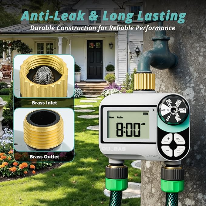 QUOBAS Brass Sprinkler Timer 2 Pack, Programmable Water Hose Timer for Garden Hose Faucet with Waterproof LCD Screen, Rain Delay/Manual/Automatic Irrigation Watering System for Garden, Lawn, Yard