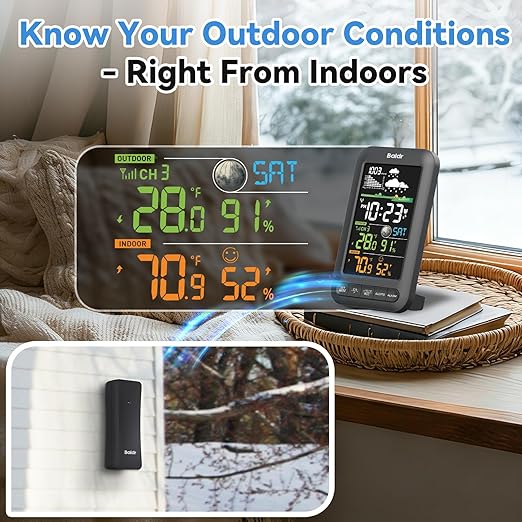 BALDR Digital Color Weather Station Vertical Display with Remote Sensor,12H Forecast,Temperature,Humidity and Atomic Clock,Adapter Powered with Backup Battery,Wireless Indoor Outdoor Thermometer,Black