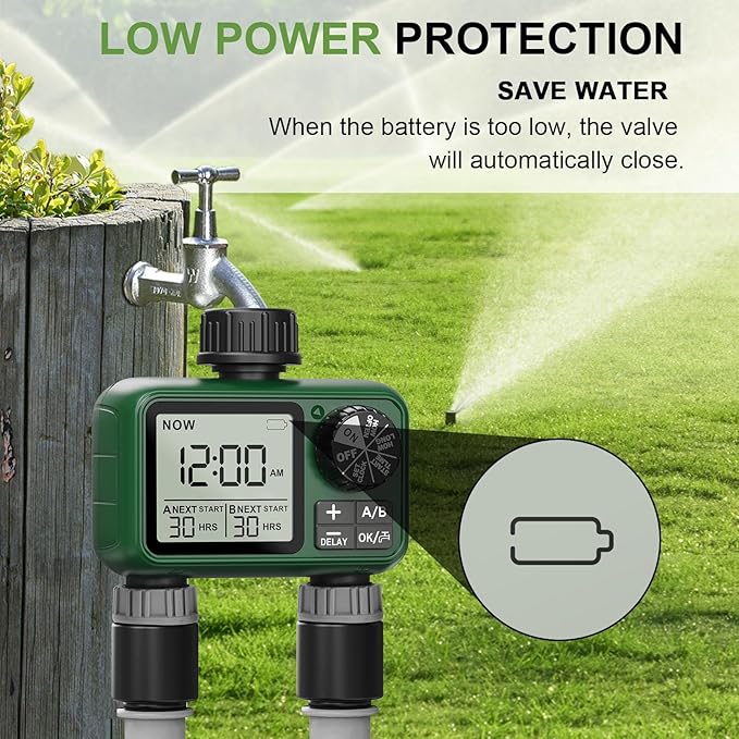 2 Zone Water Timer for Outdoor Garden Hose, Sprinkler Timer for Garden Faucet with Auto/Manual/Rain Delay Mode, Sprinkler Irrigation Controller for Yard Lawn