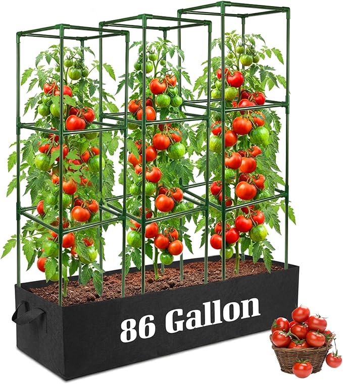 BobbleT 3 Pack Heavy Duty Tomato Cages with 86 Gallon Grow Bag, 41" Adjustable Tomato Trellis for Raised Garden Bed, Sturdy Square Plant Support for Climbing Vegetables, Cucumbers & Garden Plants