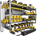MOOMSINE Large Power Tool Organizer Wall Mount with Charging Station, 400lbs Metal Storage Rack with 8 Cordless Drill Holder, 4 Tier Heavy Duty Battery Tool Shelf with 5 Outlet Power Strip for Garage