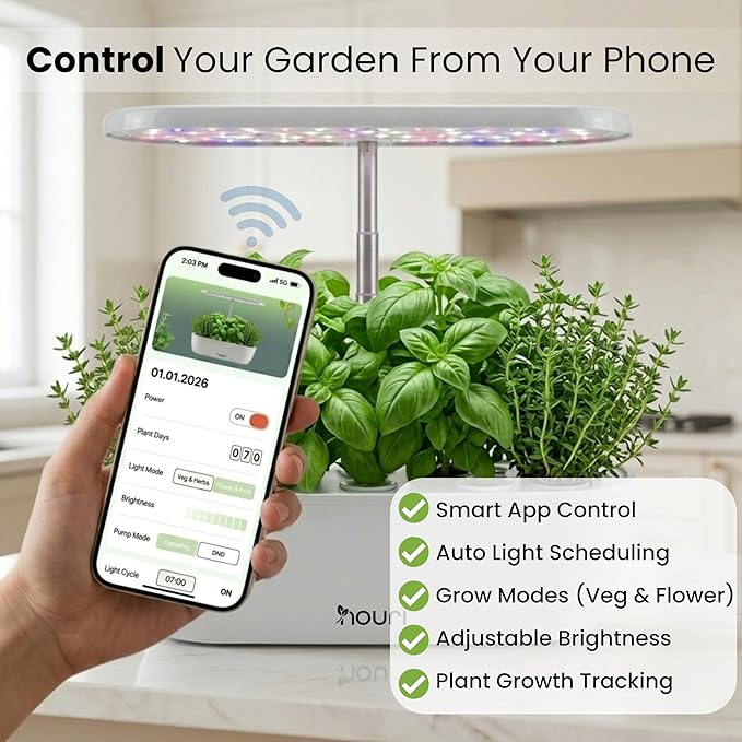 Nouri Hydroponics Growing System, 12 pod APP Smart Indoor Herb Garden Kit with LED Grow Lights, Hydroponic Herb Garden Indoor for Plant Lovers, Gardeners, Kitchen, Basil Seeds Included