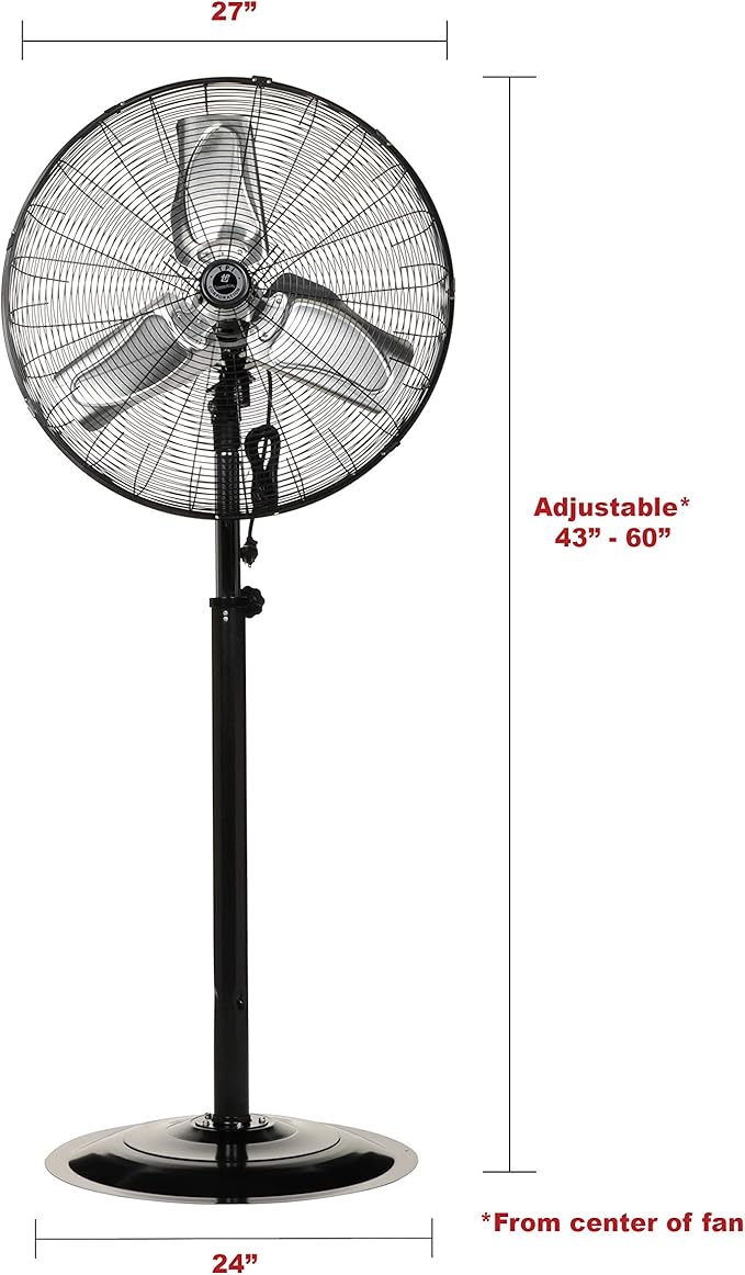 TPI Corporation CACU24-PO Oscillating Commercial Pedestal Fan, 24" Blade Diameter, Unassembled, Includes Pedestal Mount Kit, 3 Speed 120 Volt Motor, 9' Cordset, Black