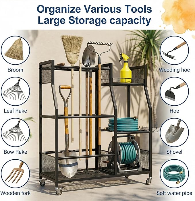 HOTEAGLE Garden Tool Organizer for Garage with 35.4” Width(High Stability), Outdoor Metal Utility Rolling Carts with Mute Wheels & 18.5mm Thick Rods, Easy to Clean, Black