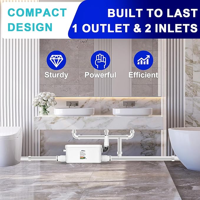 Macerator Pump, Silent 250W Sewage Sump Pump, 6000 L/h Flow, Upflush 26.3ft Head, IPX7, Utility Sink with 2 Inlets for Wastewater Disposal in Basement Shower Bathtub Laundry Kitchen RVs