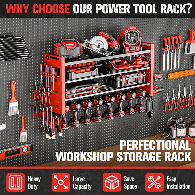 Heavy Duty Power Tool Organizer Wall Mount,Garage Organization with 10 Drill Holder, 4 Layers Tool Organizers and Storage for Workshop,Red