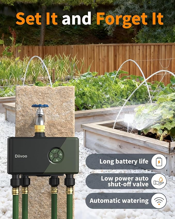 Diivoo WiFi Water Timer for Garden Hose, 4 Zone Smart Sprinkler Timer with Brass Inlet, Ethernet & 2.4GHz WiFi Connection, Compatible with Alexa/Google, 24 Irrigation Plans & Rain Delay Mode for Lawns