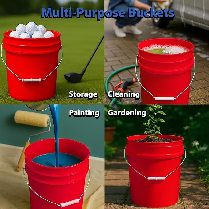 MKS Plastics 5-Gallon Bucket with Airtight Lid – Made in USA, Food Grade BPA Free Plastic, Heavy Duty Multi-Use, Metal Handle with Grip, Stackable Storage – Red, 3 Pack