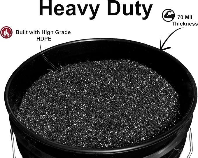 MKS Plastics 5-Gallon Bucket Only – No Lid Included, Made in USA, Food Grade BPA Free Plastic, Heavy Duty Multi-Use, Metal Handle with Grip, Stackable Storage – Black, 6 Pack