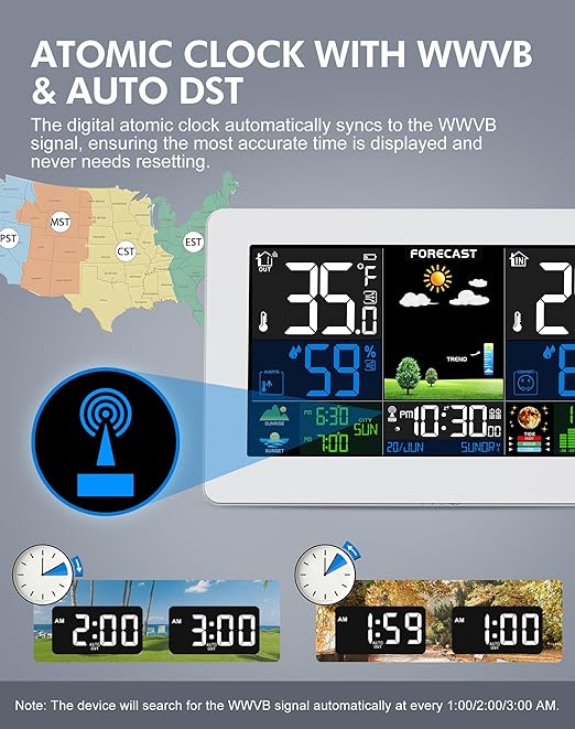 Weather Station Wireless Indoor Outdoor, Digital Thermometer with Remote Sensor, Large Display Home Weather Stations with Weather Forecast, Atomic Clock, Barometric Pressure, Moon Phase