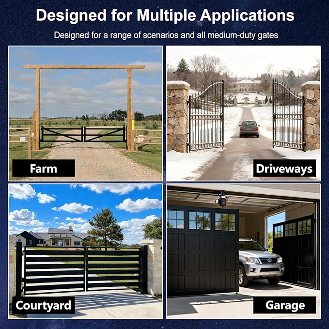 C01-L Automatic Gate Openers Kit for Dual Swing Gate Up to 14ft Long or 440lb Per Arm, Electric Gate Opener for Driveway Dual Swing Gate with Long-Range Gate Opener Remote, Motor 40W AC Powered