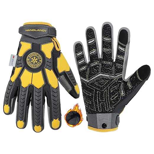 HANDLANDY Winter Cut Resistant Impact Resistant Work Gloves for Men, Padded Palm Grip Heavy Duty Working Glove (Medium, Yellow)