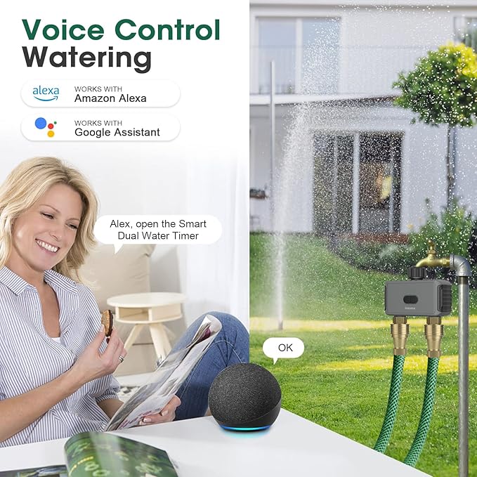 Smart Hose Watering Timer with Wi-Fi Hub, Automatic Irrigation System Controller for Lawns and Yard, Compatible with Alexa