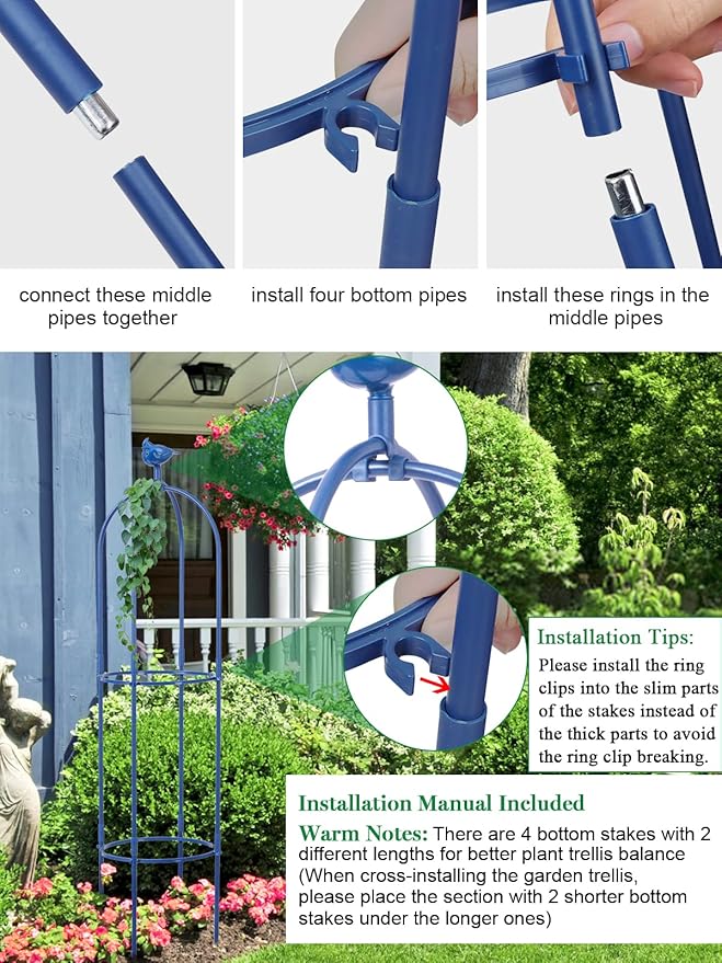6 Feet Tall Garden Trellis for Climbing Plants Kalolary Garden Tower Obelisk Trellises Rustproof Metal Potted Plant Climbing Support for Indoor Outdoor Flowers Vegetable Fruits Vines Support (Blue)