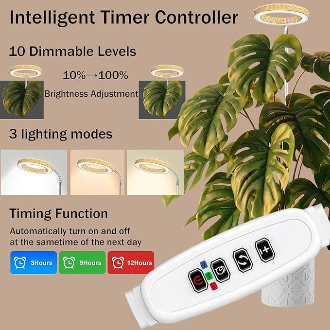 Grow Lights for Indoor Plants Full Spectrum,6.3" LED Wood Grain Plant Grow Light,9.8-65in Height Adjustable Plant Lights Growing Lamp with Auto Timers 3H/9H/12H,10 Dimmable Levels (Wood Grain 2 Pack)