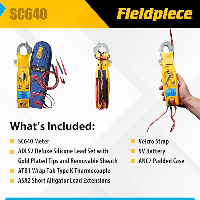 Fieldpiece - SC640 Swivel Clamp Meter with Dual Display, Inrush Current, LED Jaw Flashlight and Backlit Display - HVAC Tools