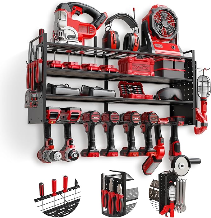 Power Tool Organizer Wall Mount - Power Tool Storage Rack with 3 Shelves, 8 Drill Holders, Bit Holder, Load 300 lbs, Pegboard Sides Storage for Tools- Garage Drill Organizer, Ultimate Workshop Station