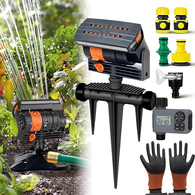 16-Nozzle Oscillating Sprinkler with Dual-Zone Sprinkler Water Timer, 360° 16-Hole Automatic Rocking Sprinkler, Turbo Orbit Mist Sprinklers System for Garden (Ground-Insert, with Single-Zone Timer)