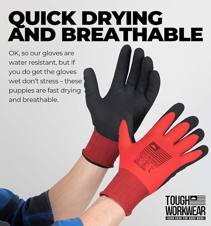 Tough Workwear Winter Work Gloves - Men & Women - Cold Weather - Fleece Lined - Red