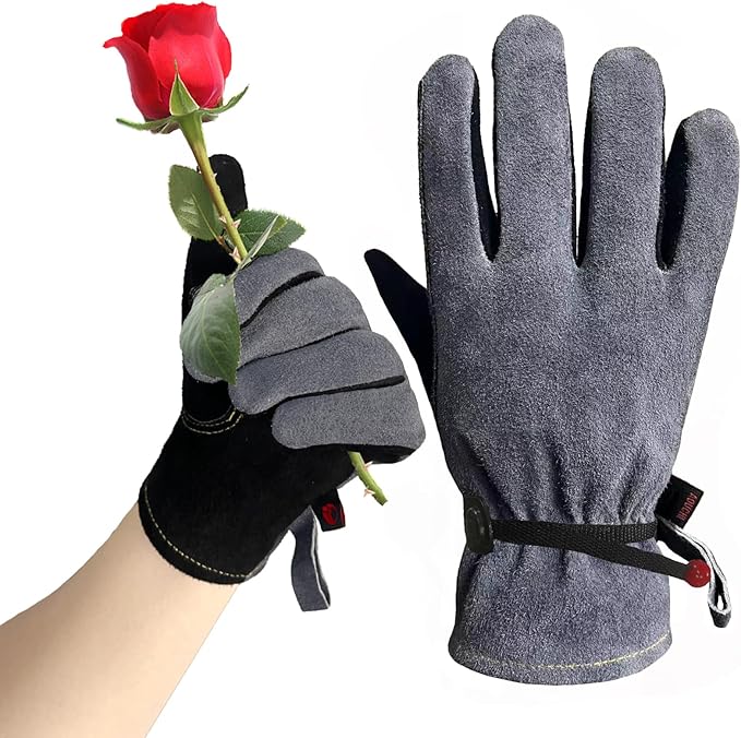 Leather Gardening Gloves for Men, Work Gloves for Welding, Mechanics, Construction, Thorn Proof (Black-Grey, Medium)