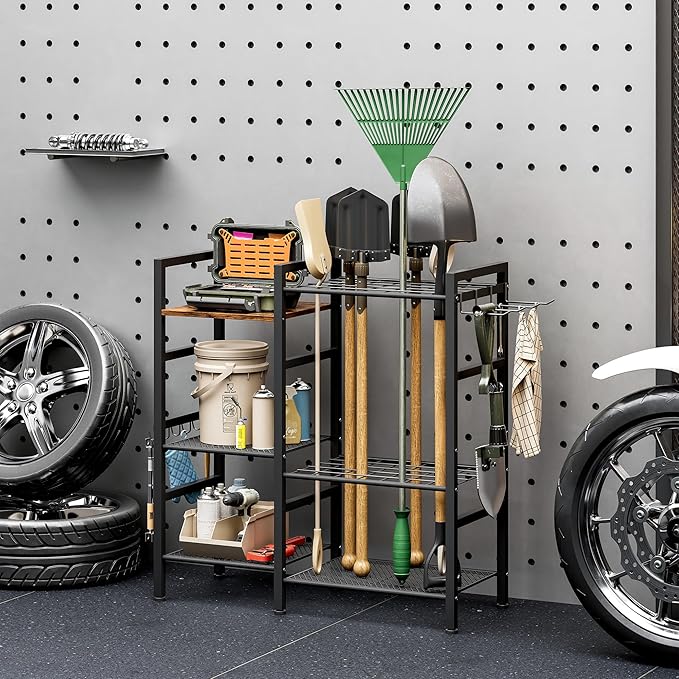 Garden Tool Organizer for Garage,3 Tier Garden Tools Rack with 8 Hooks,Up to 35 Long-Handled Tools/Rakes/Brooms, Heavy Duty Steel Garage Tool Stand for Shed, Outdoor, Black