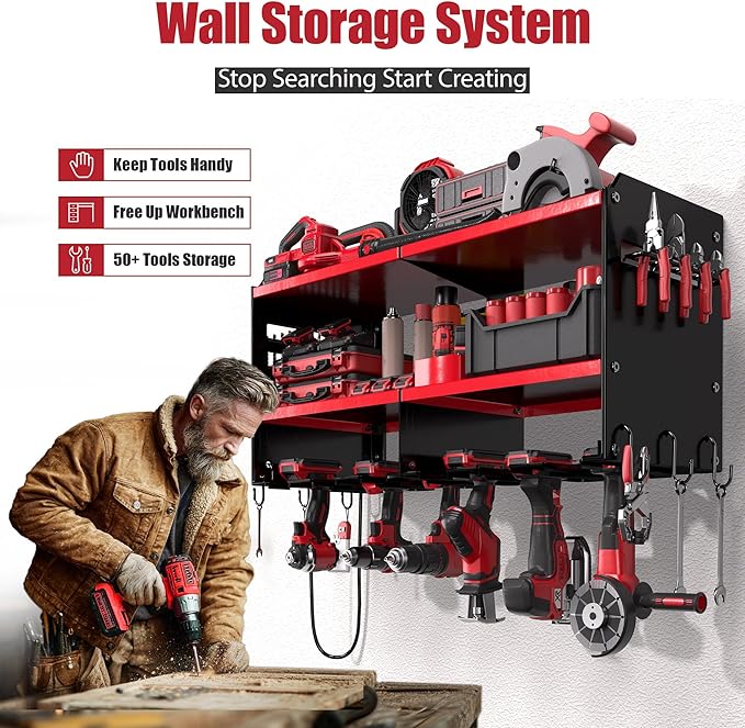 Spampur Heavy Duty Power Tool Organizer Wall Mount with Charging Station – 420 lb Capacity 3-Tier Storage Rack Holds 6 Drills, Side Slots for Screwdrivers & Bits, Garage Storage, Gift for Men