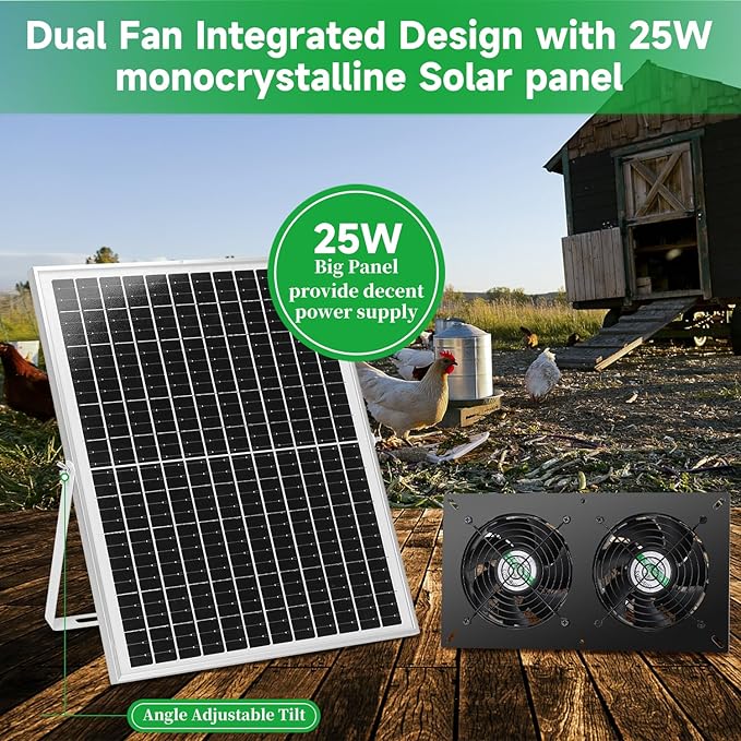 blessny 25W Solar 2 Fan Kit for Outdoor Greenhouse, Solar Powered Vent Exhaust Ventilation Fan for Chicken Coop, Shed Air Circulation, 14.7 Ft Long Cord with IP65 Weatherproof Rate