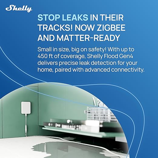 Shelly Flood Gen4, WiFi, Bluetooth, Zigbee, Matter Smart Flood Sensor with Leak Sensor Cable, Alexa, SmartThings, Google Home, Apple HomeKit Compatible, Flood and Rain Detection, Easy to Use, IP44