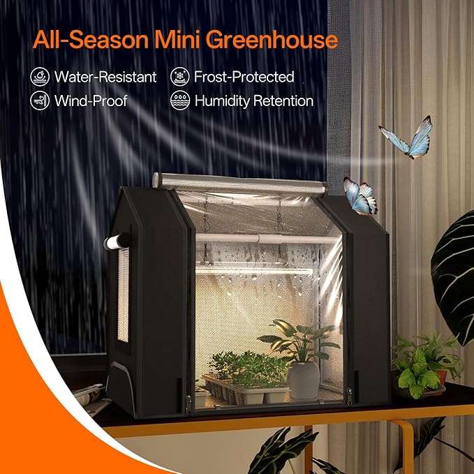 Bstrip Indoor Greenhouse with Grow Light, GM3 Small Grow Tent with Oxford Fabric, Waterproof Base Mat & Ventilation Windows for Seed Starting & Plant Growth, 18W Grow Light with Timer, 23.8x15.7x20.5