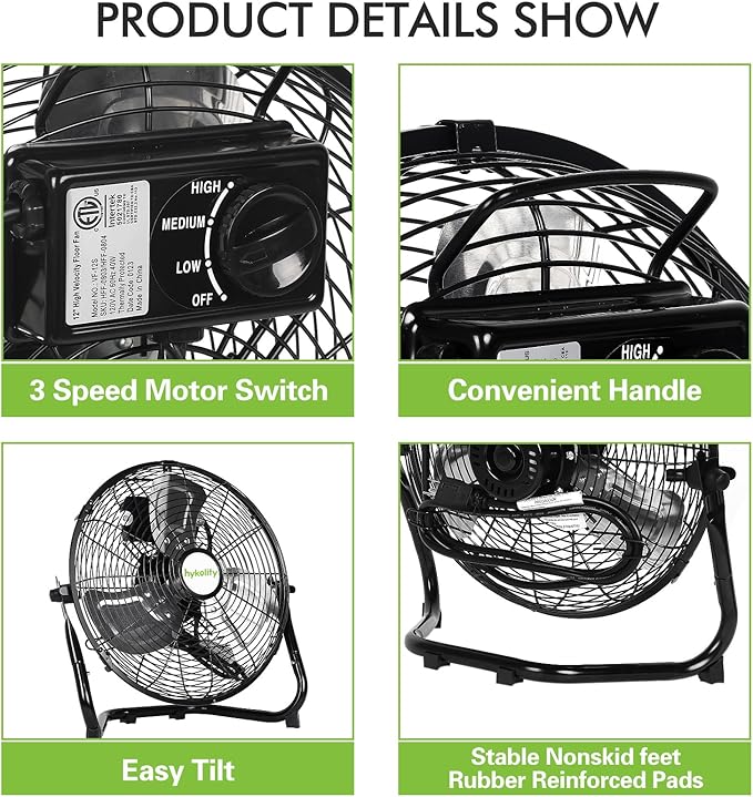 hykolity 1650 CFM 12" High Velocity Floor Fan, 3-Speed Powerful Airflow Fan, Heavy Duty Metal Fan with 180-Degree Tilt for Bedroom, Home, Residential Use, 2 Pack