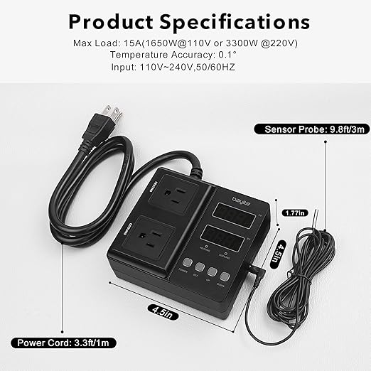 bayite Temperature Controller 1650W 15A BTC211 Dual Digital Outlet Thermostat Plug, Pre-Wired, 2 Stage Heating and Cooling Mode, 110V - 240V, Fermentation BBQ Reptile Aquarium