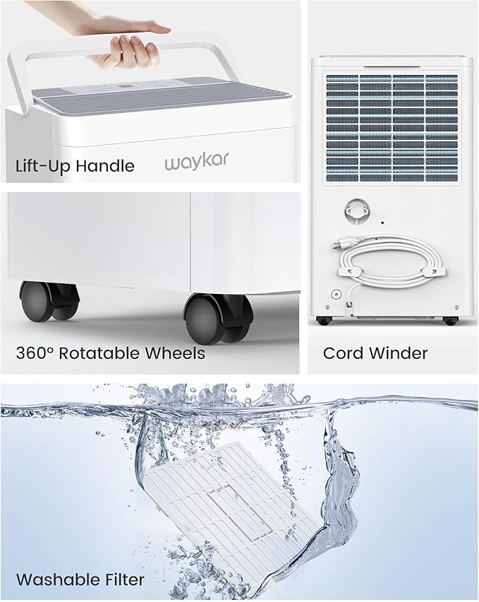 Waykar 6000 Sq.Ft Energy Star Dehumidifier for Basement & Home, 120 Pint/Day with Drain Hose & Tank, Ultra Quiet (40 dB), Smart Auto Comfort Mode