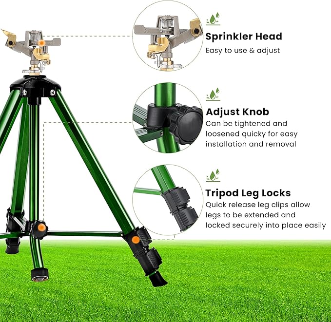 Pattiumo Sprinklers for Yard, 360° Tripod Sprinklers for Yard Large Area, 3/4" Connector Lawn Sprinkler, Adjustable Height 16-37”, Water Sprinkler for Lawn/Garden/Patio, 1Pack