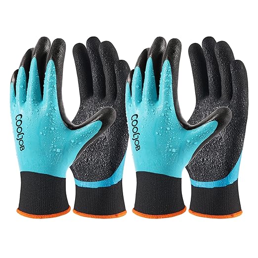 COOLJOB Waterproof Gardening Work Gloves with grip for Women & Men, Double Rubber Coated for Garden Yard Outdoor Construction Worker, Blue Medium Size 2 Pairs